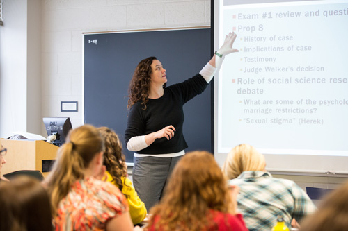 Sara McClelland, assistant professor of psychology and women’s studies and a Teaching Academy participant, conducts a class on Sex, Sexuality & Public Policy