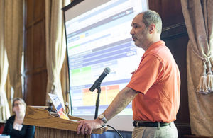 Barry Fishman, Arthur F Thurnau Professor of Education and professor of information, explains to workshop participants how gameful strategies in courses allows students to choose their own paths to learning and encourage risk-taking. 