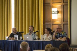 From left, Randy Bass of Georgetown, Richard Kiely of Cornell, Brooke Pulitzer of Harvard, and James Holloway of U-M share thoughts about next steps for engaged learning. (Photo by Steve McKenzie CRLT-Engineering)