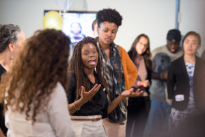 Tabitha Bentley describes her project as Dana Nickson looks on. 