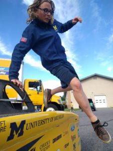 Filip Platek, a driver on the University of Michigan Solar Car Team and an aerospace engineering undergrad student, exits Novum at a checkpoint during a practice race.