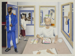 A painting of several men in and around a room. One sits and paints a picture, another across from him sketches. One stands in the doorway, one walks past wearing headphones. One stands in the window pointing into the room.