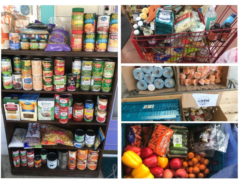 (A collage of photographs: one of shelves with various canned food; one of a shopping cart full of food; one of boxes with paper towel and canned food; and one of fresh fruits and vegetables in a bag.)