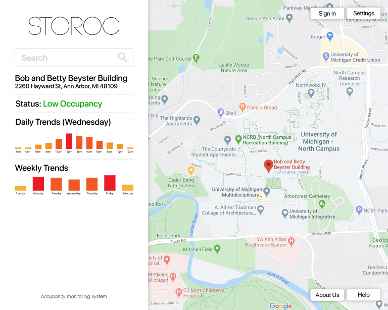 (Image of a Google Map with a tab for "STOROC" on the left which shows occupancy trends for specific days and weeks.)