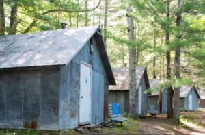 Row of wooden cabins in the woods.