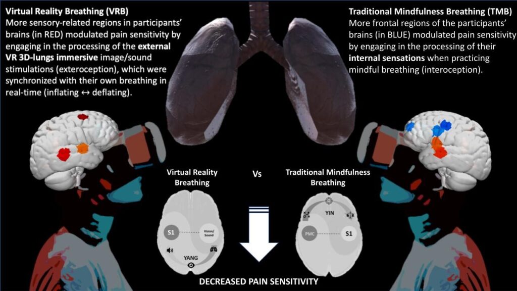 A diagram shows how Virtual Reality Breathing (VRB) compares to Traditional Mindfulness Breathing (TMB) in the brain. 