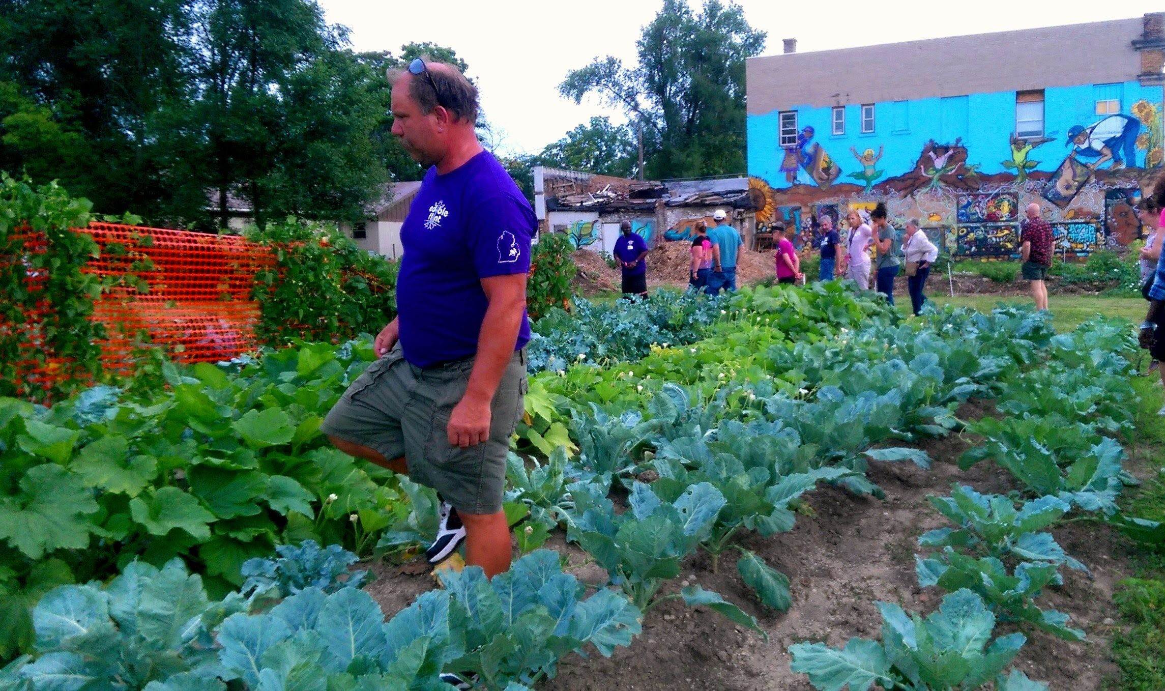 community members walk through a community lot filled with greenery, admiring the new plants.