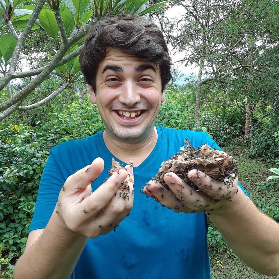 Benjamin Blanchard smiles excitedly as he lets hundreds of ants crawl all over his hands.