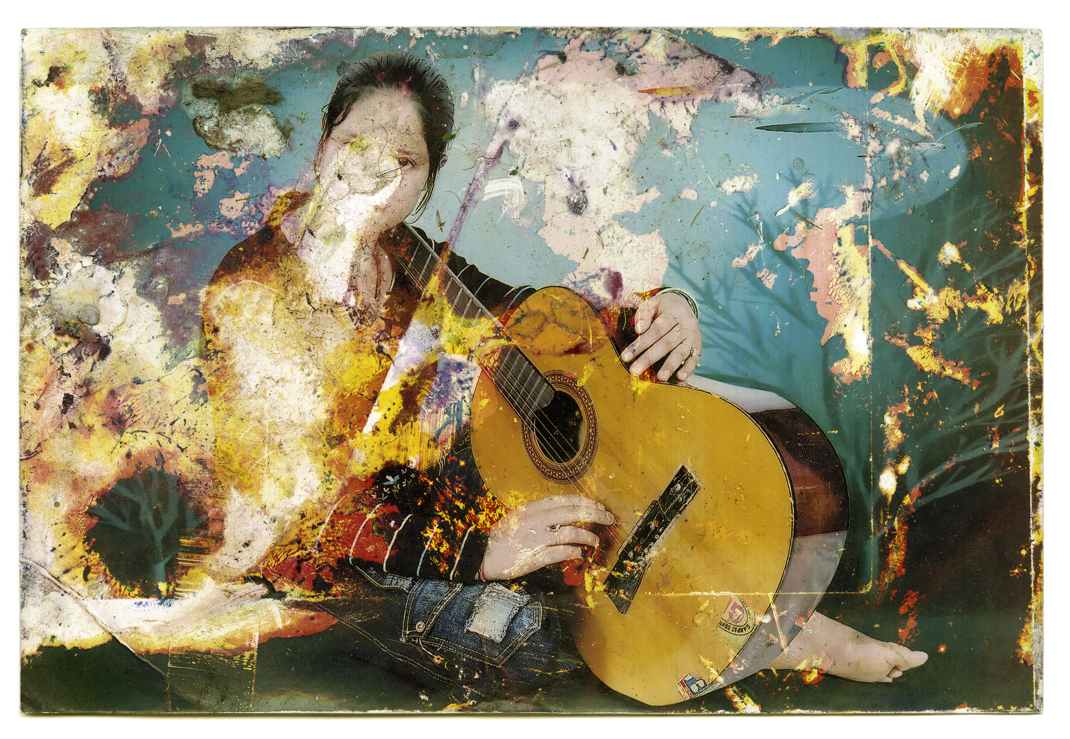 Painting of woman sitting on ground barefoot with acoustic guitar, with parts of the image looking damaged or smudged.