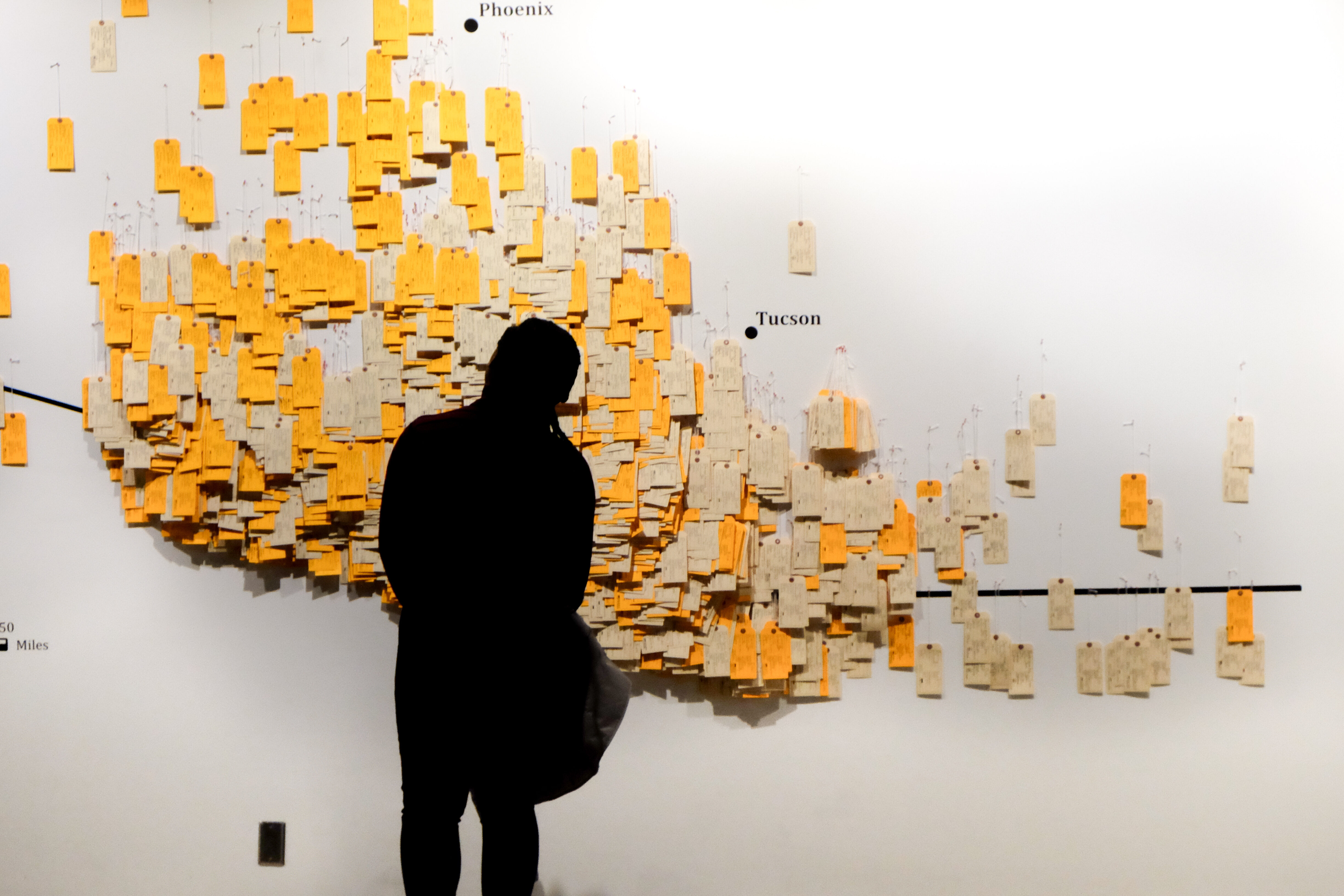 A silhouette stands in front of a cluster of toe tags situated on a large map.