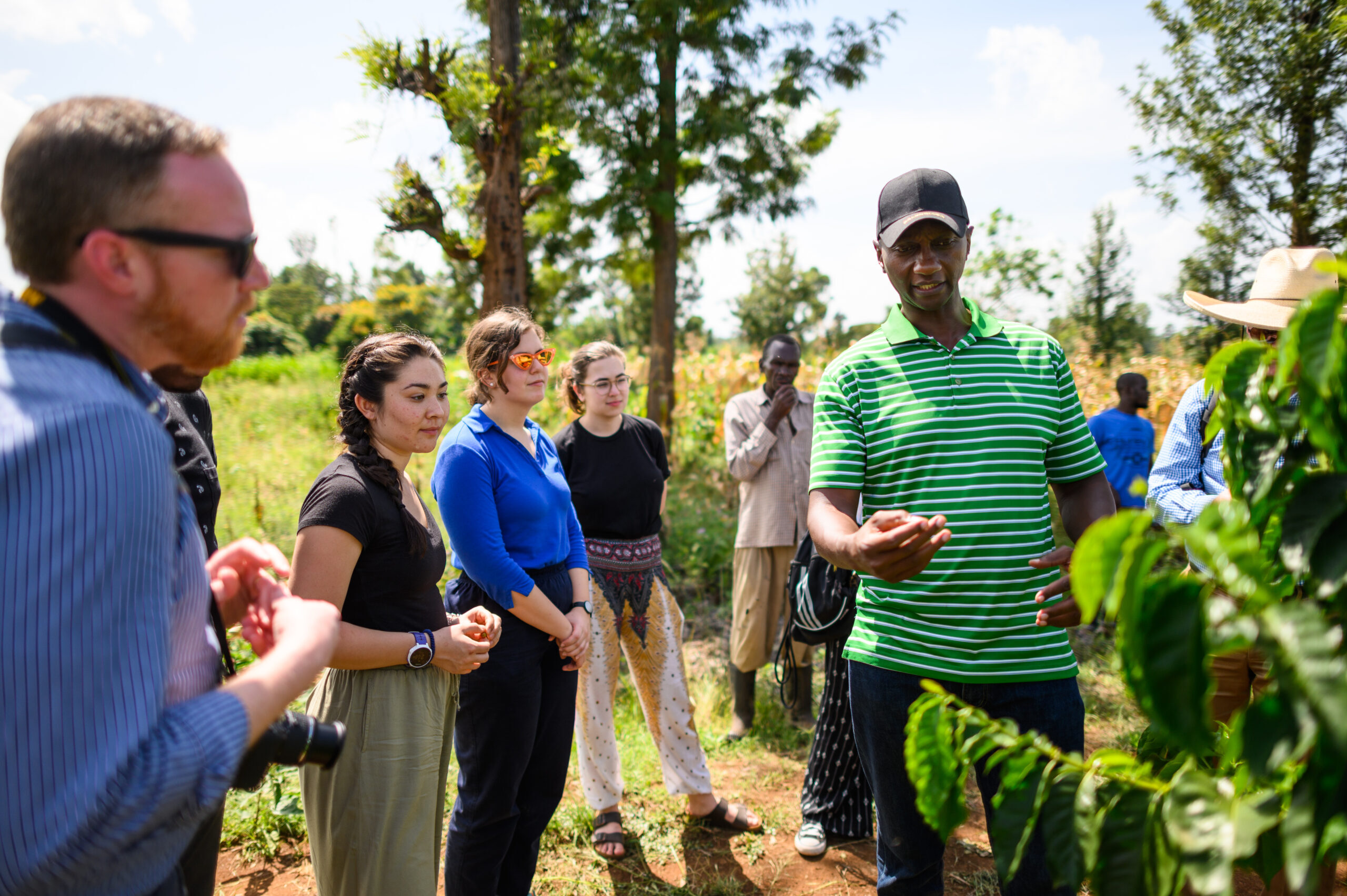 Students listen to a man talking at a coffee plantation